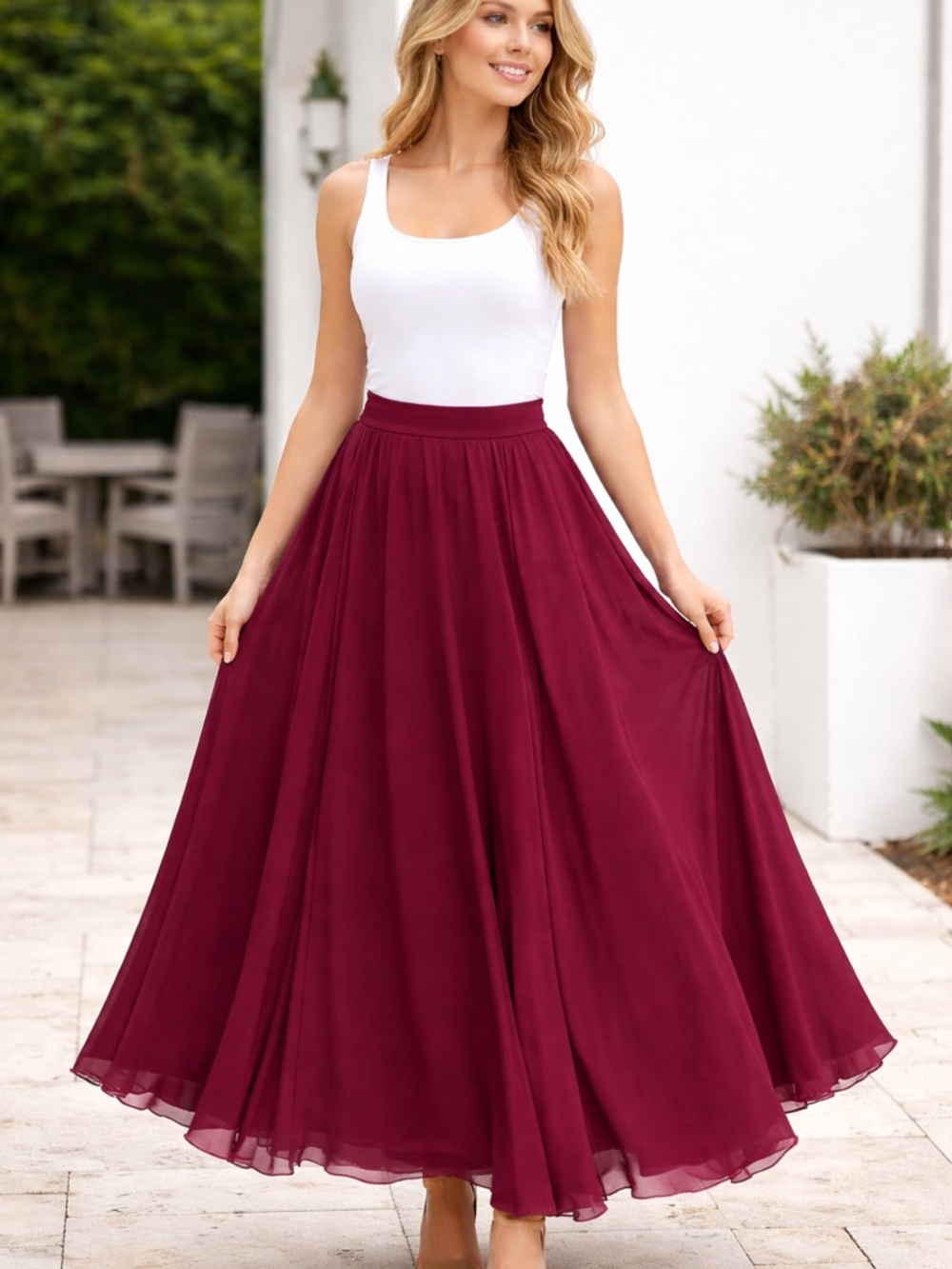 Melansay Burgundy Chiffon Midi Skirt XL Flowy Boho Elastic Waist A-Line